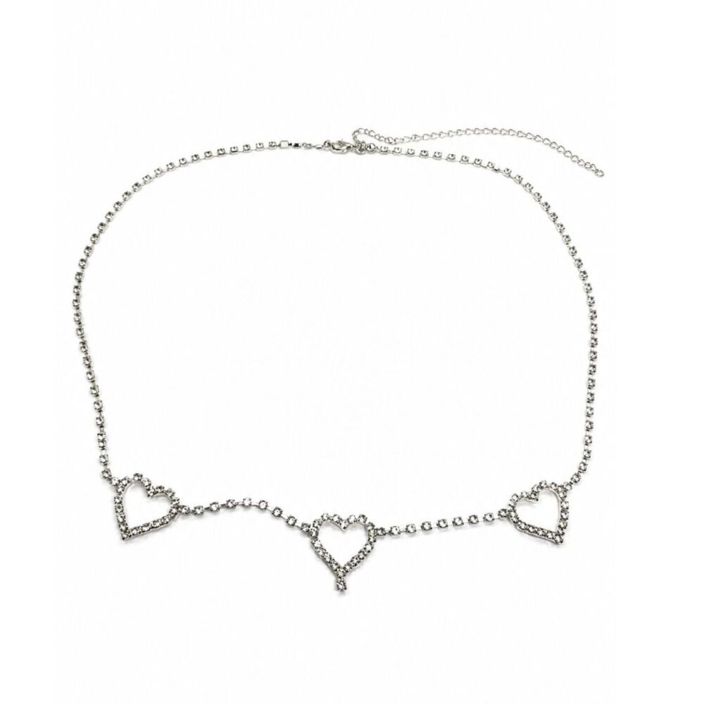 Y2k Rhinestone Belt Silver Tone Heart Chain Waist Belt Body Chain
